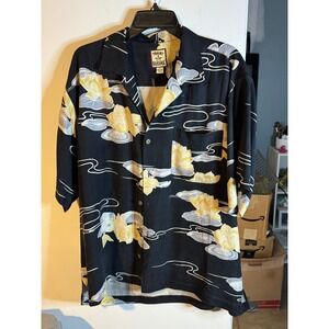 Tommy Bahama Mens Large Black Silk Camp Shirt Yellow Water Lily Floral Hawaiian